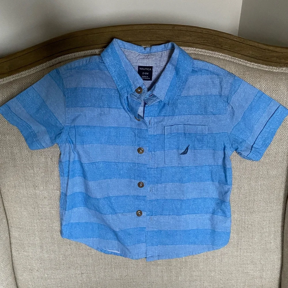 Nautica Baby Boys Blue Short Sleeve Collared Striped Button Front Shirt Size 24M